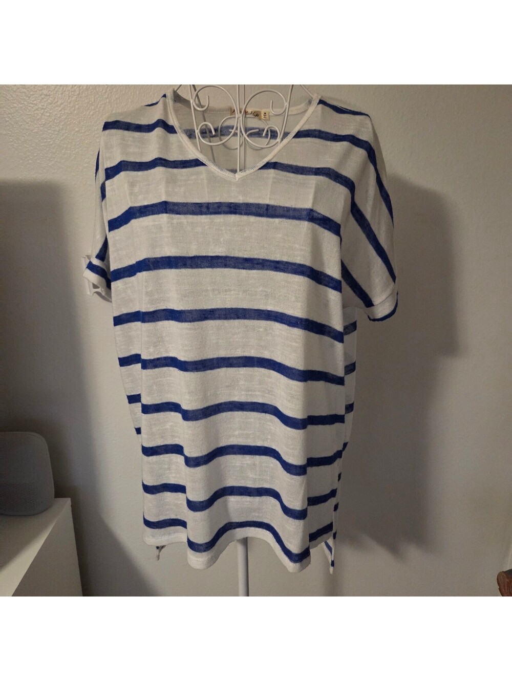 Heart Hips Medium Blue and White Striped V-Neck T-Shirt